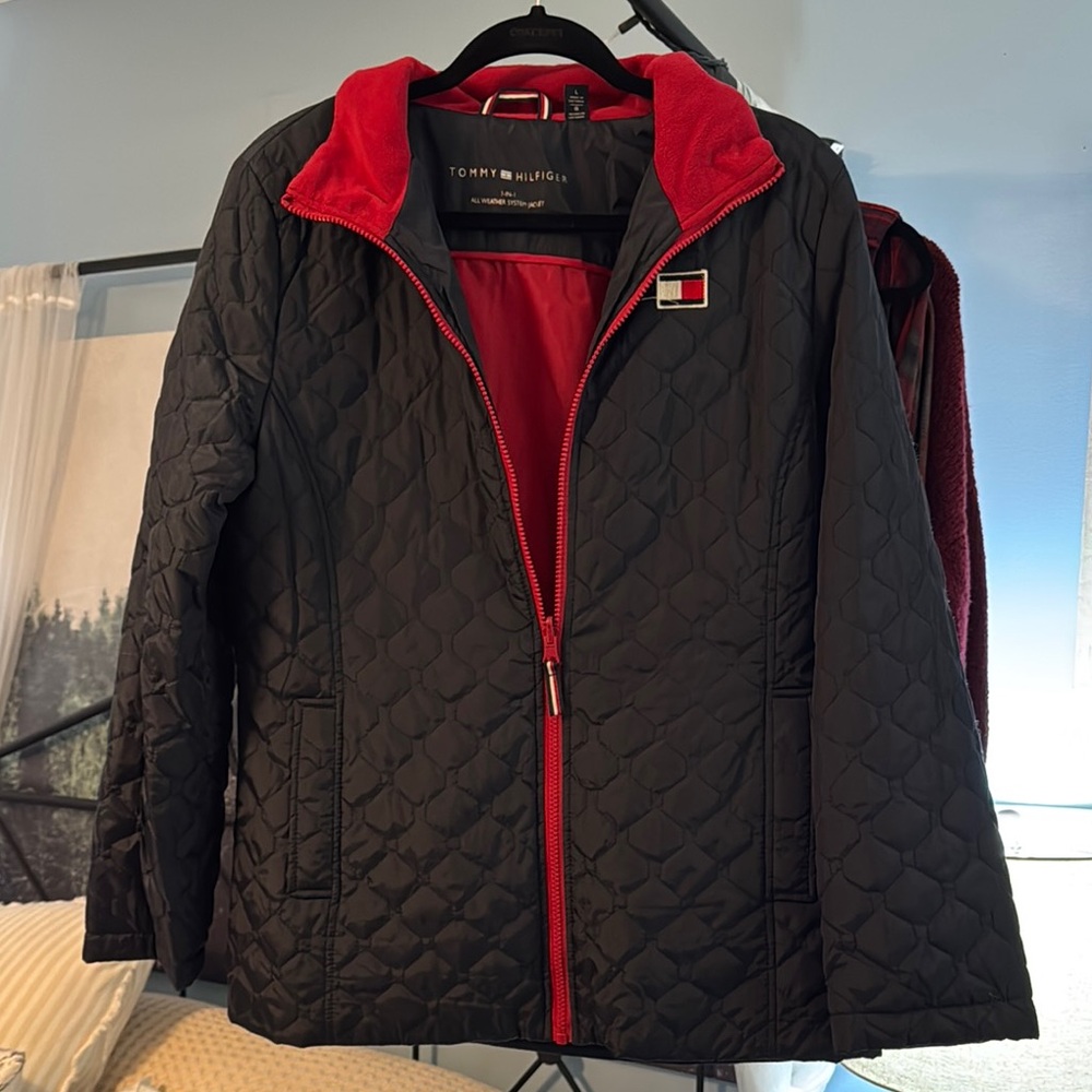 Tommy Hilfiger Black and Red Puffer Jacket with Hood